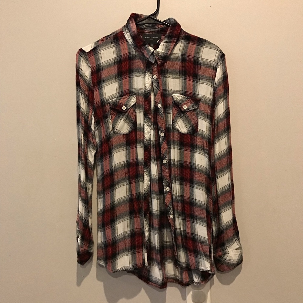 Francesca's Collections Red and Black Plaid Button-Down Shirt